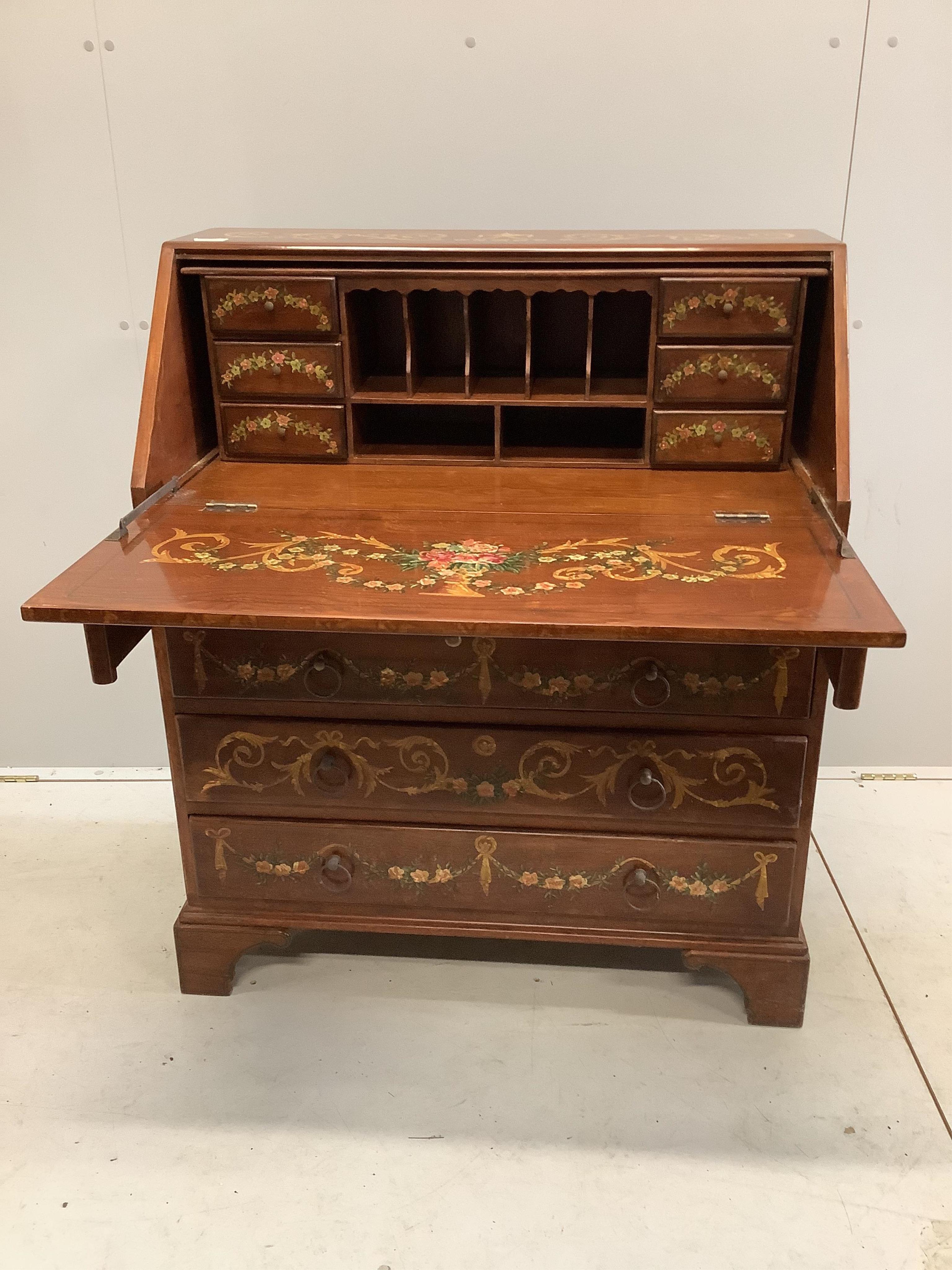 An Edwardian style painted oak bureau, width 90cm, height 107cm. Condition - fair to good